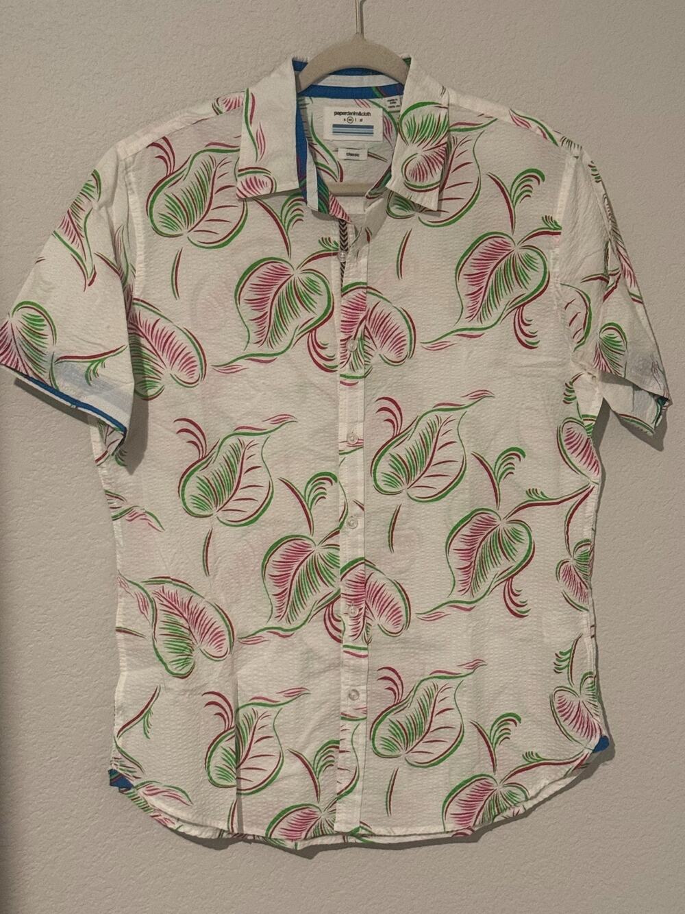 Paper Denim & Cloth Mens White Tropical Leaf Print Seersucker Camp Shirt - M